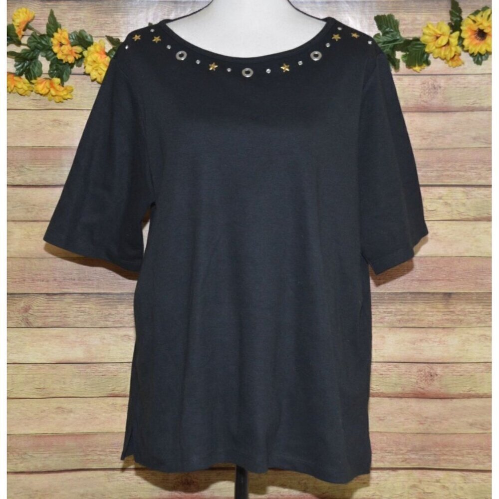 Quacker Factory Ladies XL Short Sleeve Studded Pullover Black Blouse Knit Top
